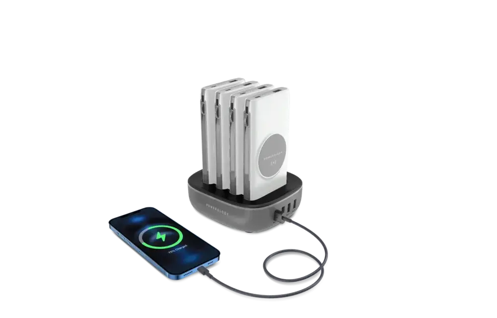 Powerology 4in1 Station 10000mAh 20W PD QC Wireless Power Bank Built-in Cable With Lightning And Type-C - White