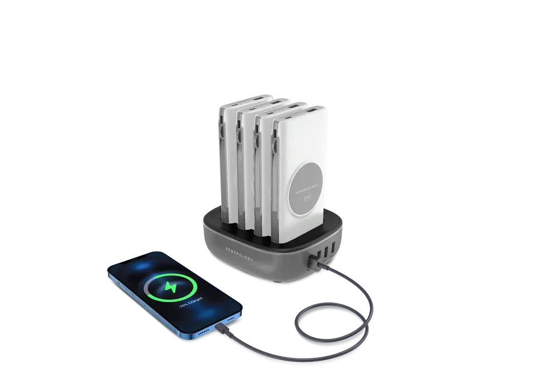 Powerology 4in1 Station 10000mAh 20W PD QC Wireless Power Bank Built-in Cable With Lightning And Type-C - White