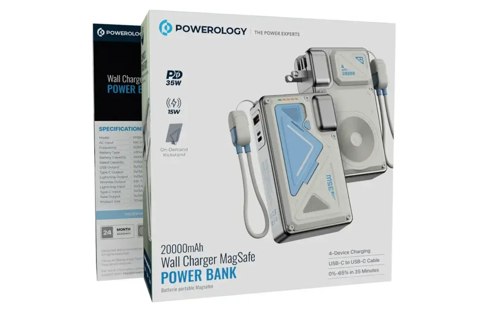 Powerology 35W PD Wall Charger Plus MagSafe Power Bank with Lanyard Type-C 20000mAh - White