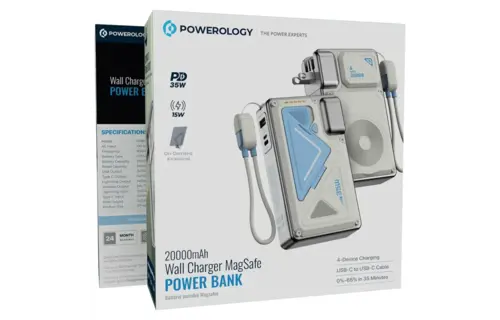 Powerology 35W PD Wall Charger Plus MagSafe Power Bank with Lanyard Type-C 20000mAh  - White