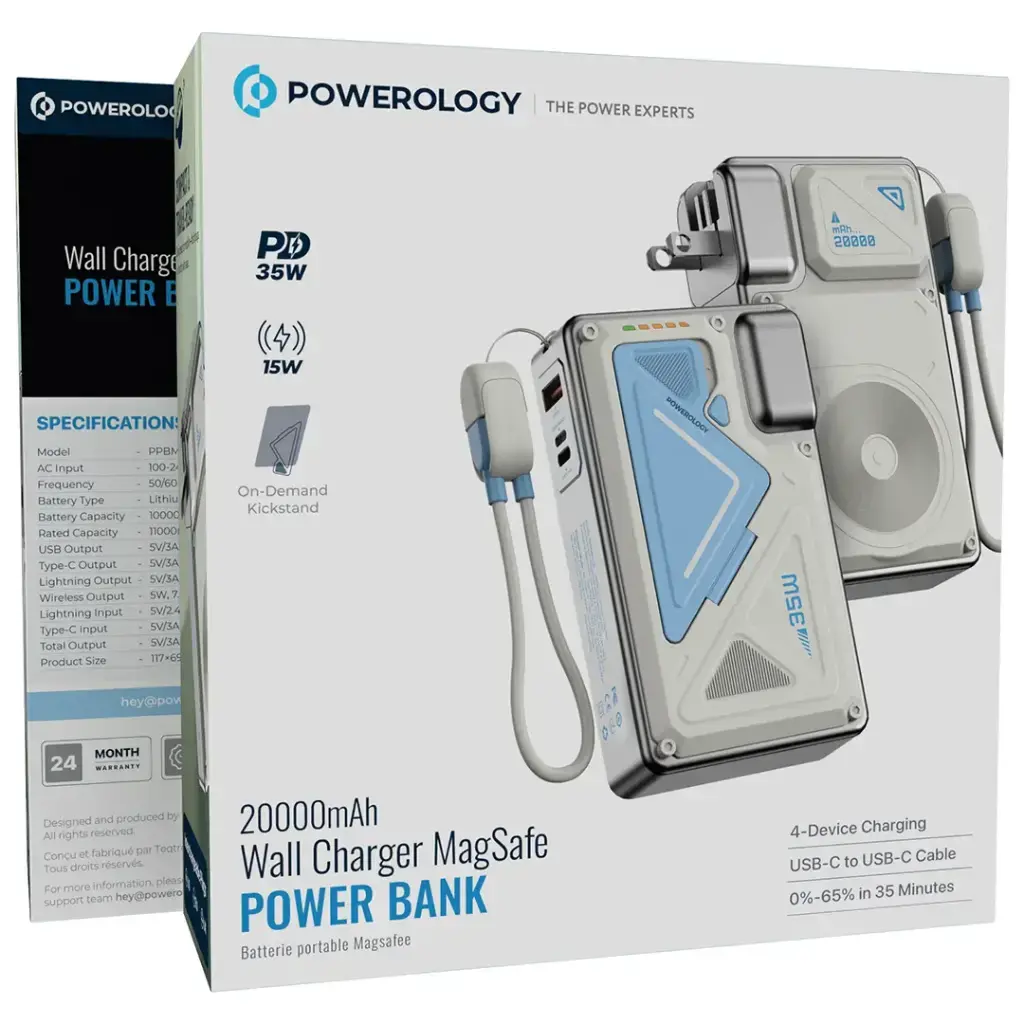 Powerology 35W PD Wall Charger Plus MagSafe Power Bank with Lanyard Type-C 20000mAh - White