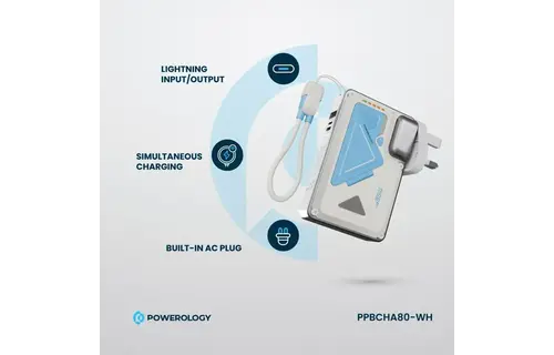 Powerology 35W PD  Wall Charger Plus MagSafe Power Bank with Lanyard Type-C 10000mAh - White