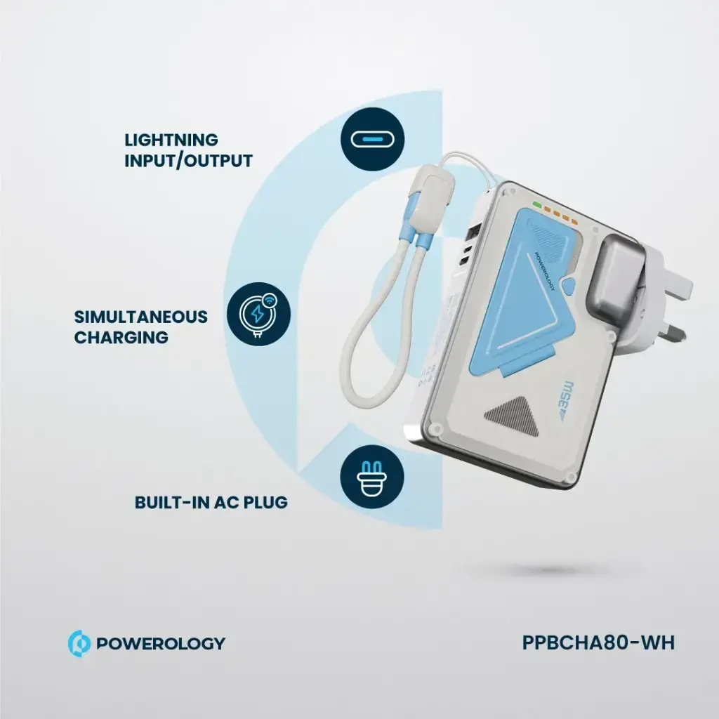 Powerology 35W PD  Wall Charger Plus MagSafe Power Bank with Lanyard Type-C 10000mAh - White
