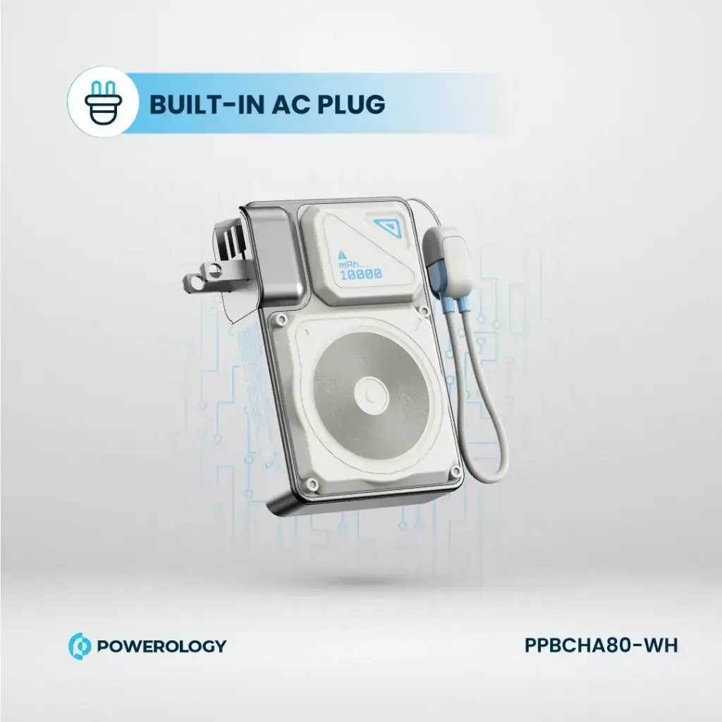 Powerology 35W PD  Wall Charger Plus MagSafe Power Bank with Lanyard Type-C 10000mAh - White