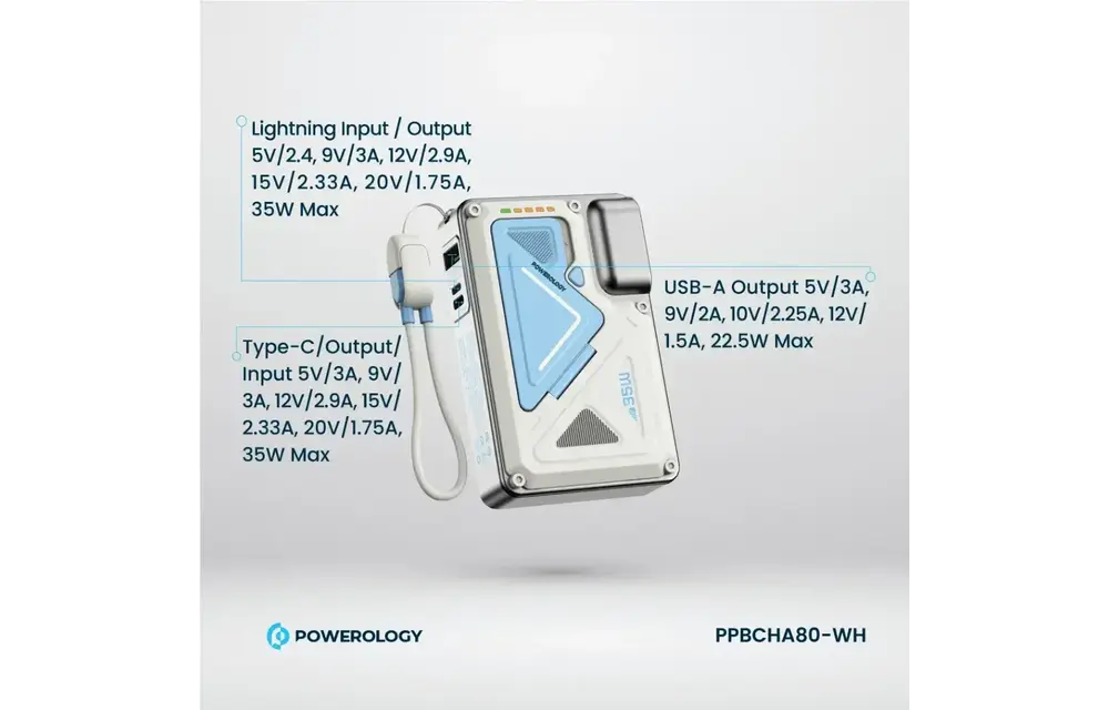 Powerology 35W PD  Wall Charger Plus MagSafe Power Bank with Lanyard Type-C 10000mAh - White