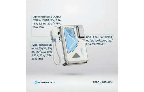 Powerology 35W PD  Wall Charger Plus MagSafe Power Bank with Lanyard Type-C 10000mAh - White