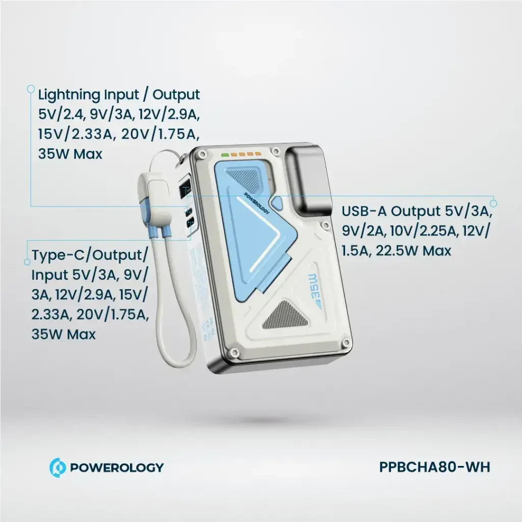 Powerology 35W PD  Wall Charger Plus MagSafe Power Bank with Lanyard Type-C 10000mAh - White