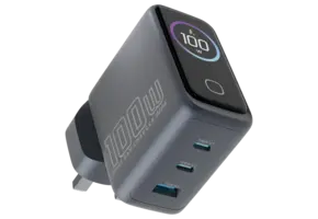 Powerology Voltflow 100W AVS GaN Wall Charger Type-C and USB With TFT Screen - Gray