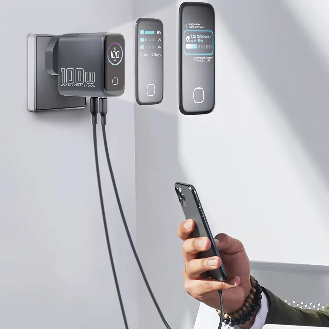 Powerology Voltflow 100W AVS GaN Wall Charger Type C With TFT Screen - Gray