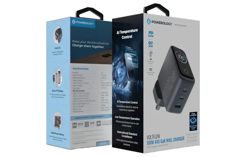 Powerology Voltflow 100W AVS GaN Wall Charger Type C With TFT Screen - Gray