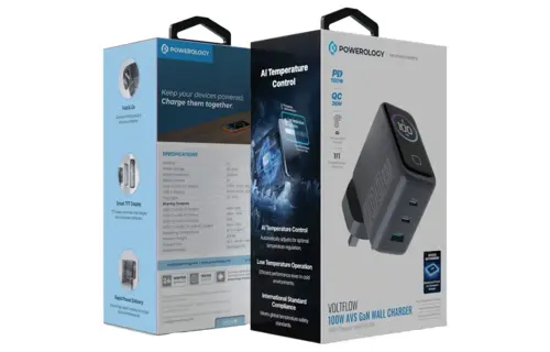 Powerology Voltflow 100W AVS GaN Wall Charger Type C With TFT Screen - Gray