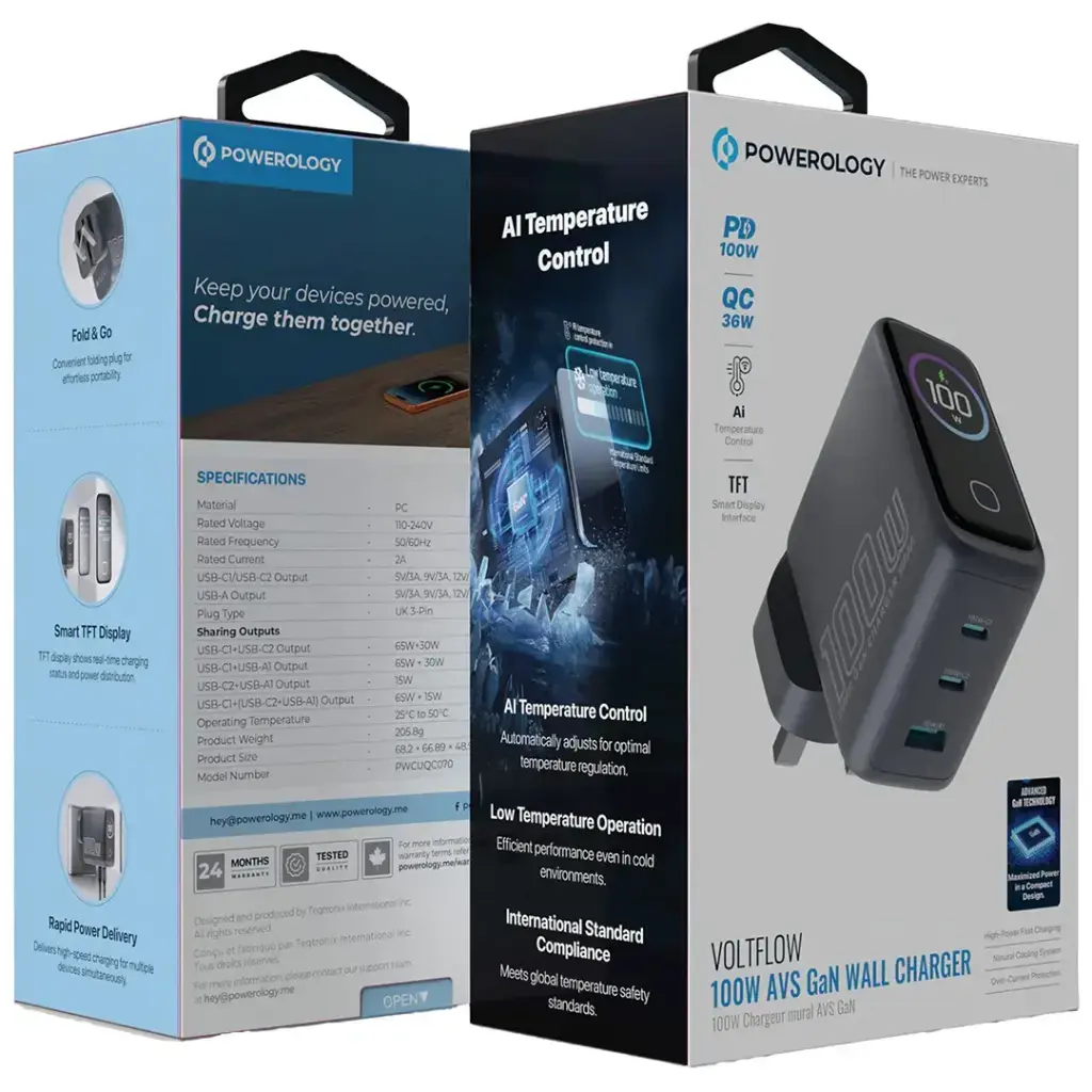 Powerology Voltflow 100W AVS GaN Wall Charger Type C With TFT Screen - Gray