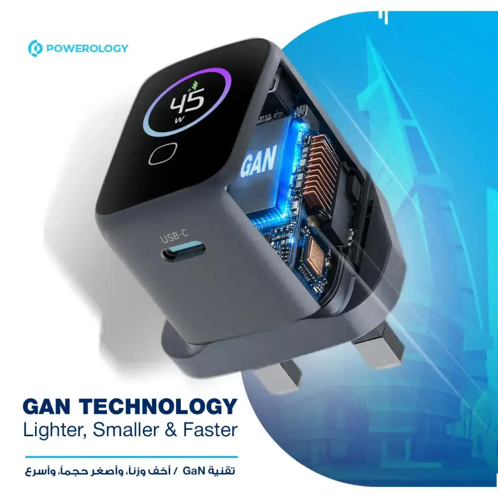 Powerology Voltflow 100W AVS GaN Wall Charger Type C With TFT Screen - Gray