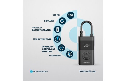 Powerology Ultra Portable Air Compressor Power Bank - Black