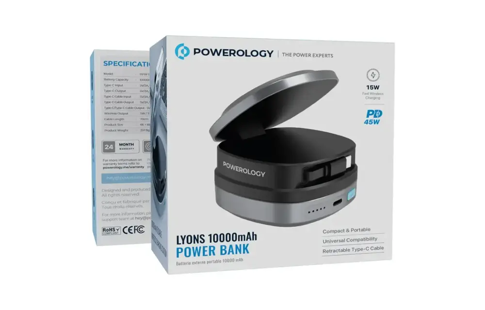 Powerology Lyons Retractable Type-C Cable and Wireless Power Bank 10000mAh - BLACK