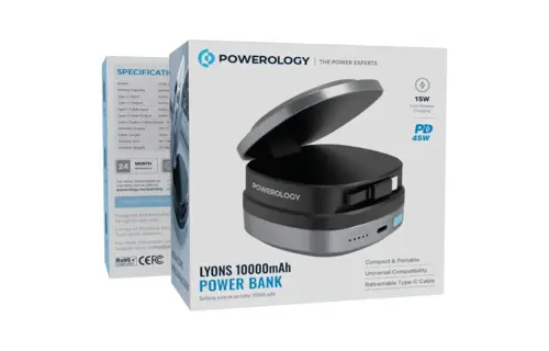 Powerology Lyons Retractable Type-C Cable and Wireless Power Bank 10000mAh - BLACK