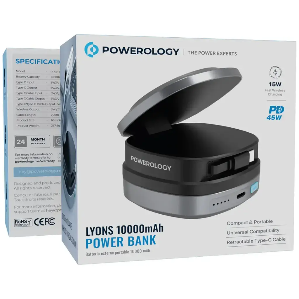 Powerology Lyons Retractable Type-C Cable and Wireless Power Bank 10000mAh - BLACK