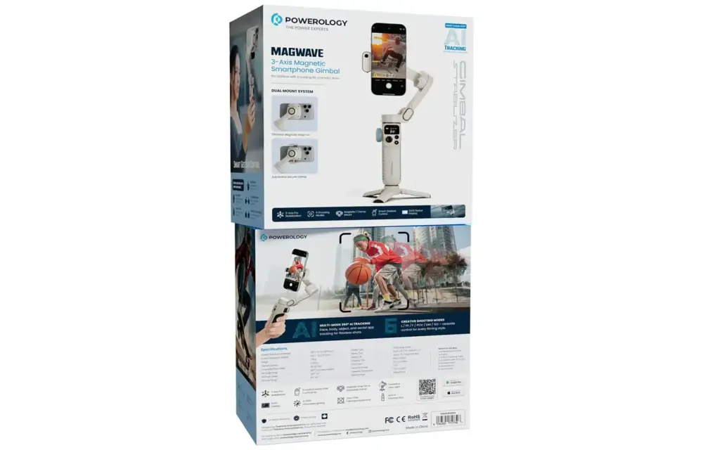 Powerology Magwave 3-Axis Magnetic Smart Phone Gimbal With AI & Fill Light - White