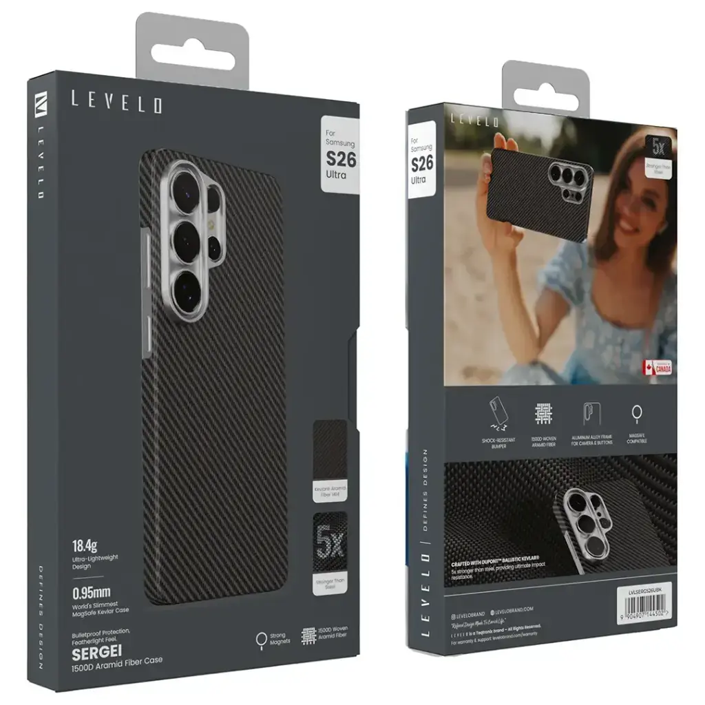 Levelo Sergei 1500D Kevlar Aramid Fiber MagSafe Case For Samsung S26 Ultra - Carbon Black