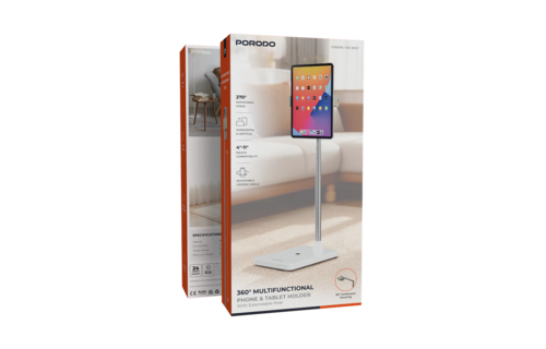 Porodo Multifunctional Phone & Tablet Holder Stand 4"-11' With Extendable Pole Height Range 0.4m -1.5m - White