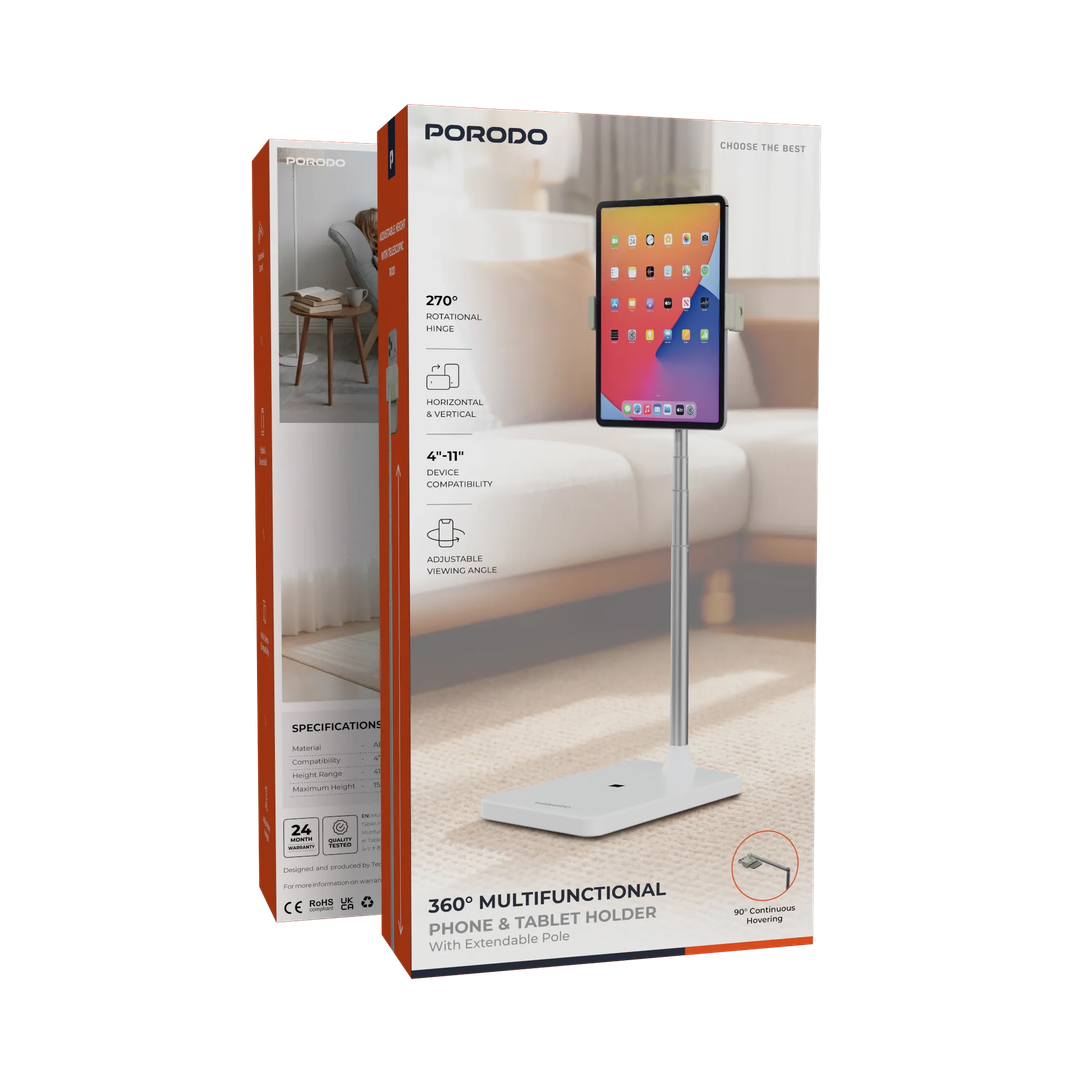 Porodo Multifunctional Phone & Tablet Holder Stand 4"-11' With Extendable Pole Height Range 0.4m -1.5m - White