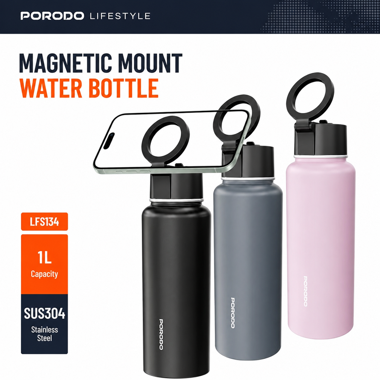 Porodo Lifestyle Magnetic Mount Water Bottle 32oz/1L - Pink