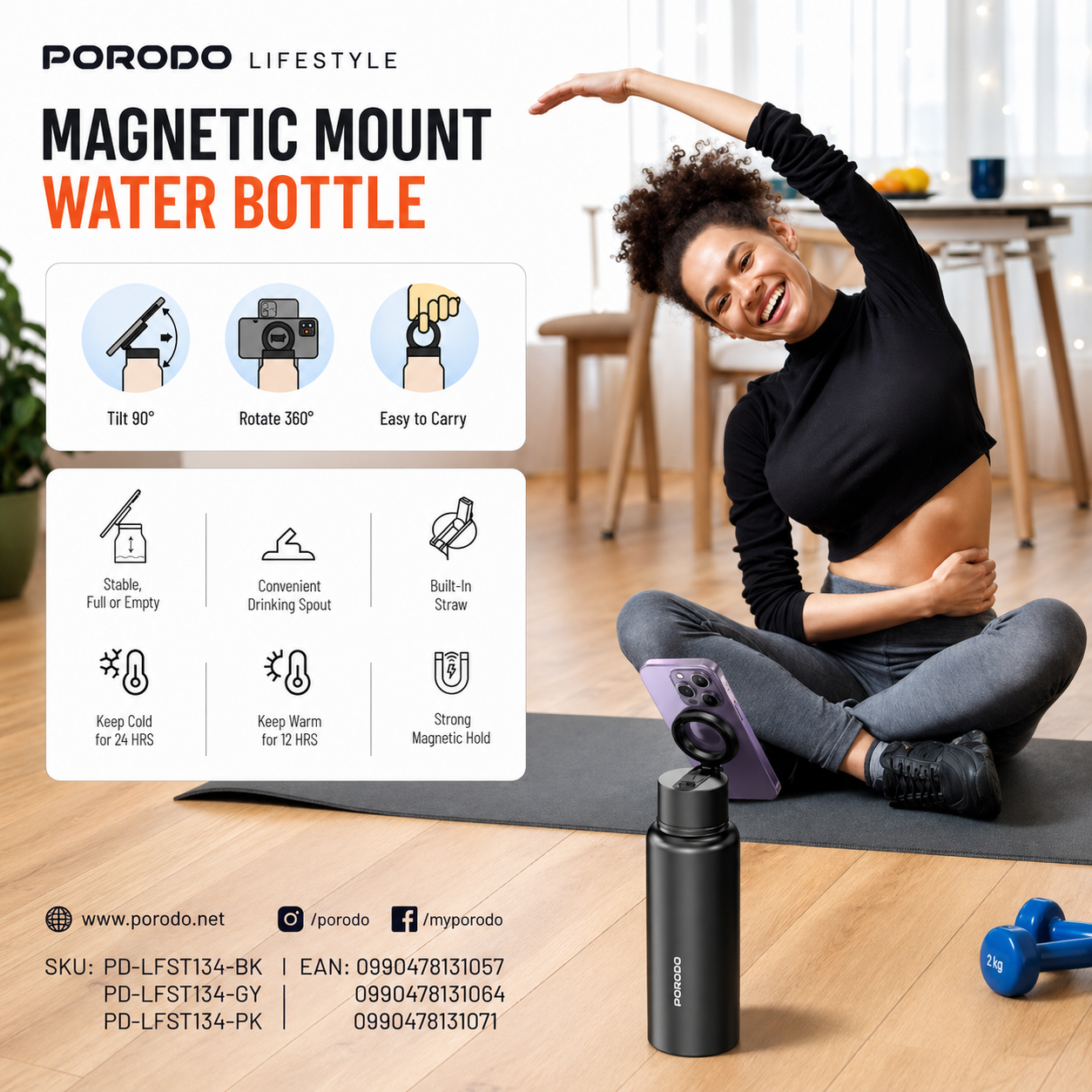 Porodo Lifestyle Magnetic Mount Water Bottle 32oz/1L - Grey