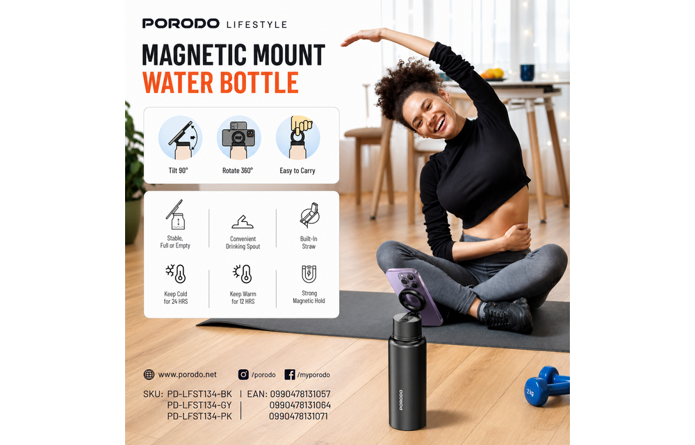 Porodo Lifestyle Magnetic Mount Water Bottle 32oz/1L - Black