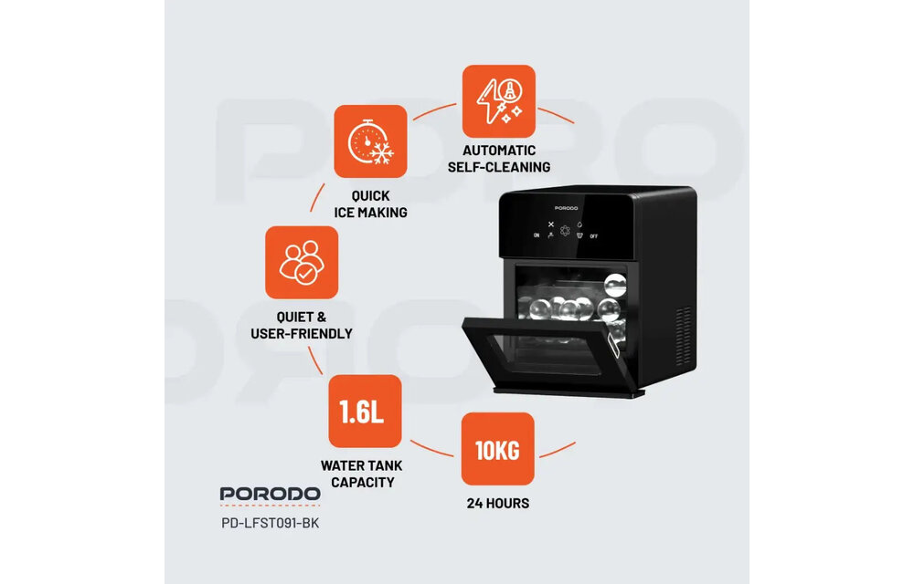 Porodo Lifestyle Sphere-Shaped 260W Dual Sphere Ice Maker 10L with LCD Touch Display - Black