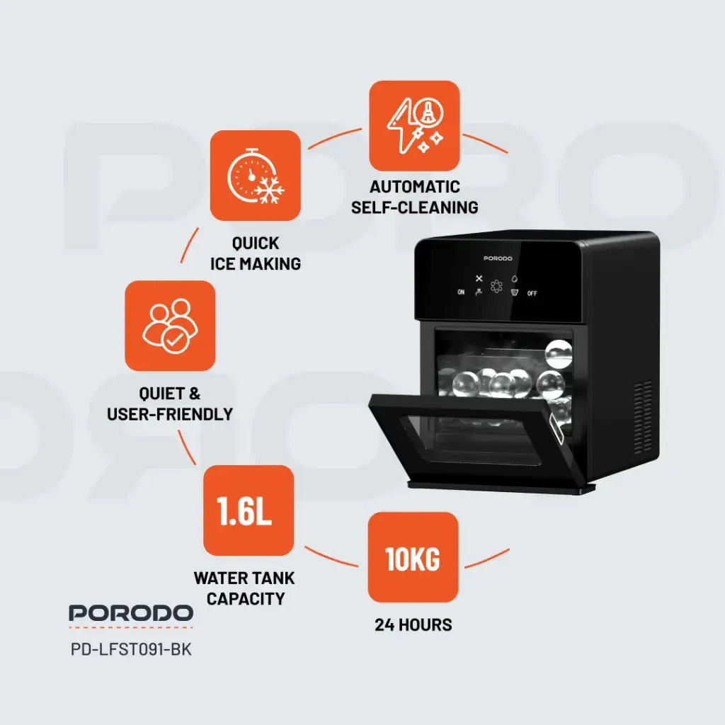 Porodo Lifestyle Sphere-Shaped 260W Dual Sphere Ice Maker 10L with LCD Touch Display - Black