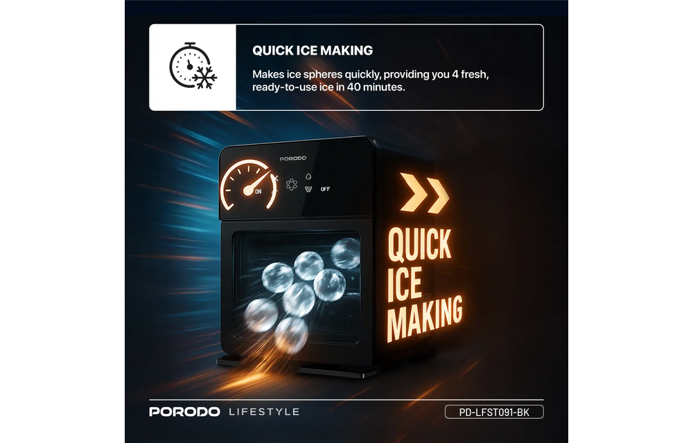 Porodo Lifestyle Sphere-Shaped 260W Dual Sphere Ice Maker 10L with LCD Touch Display - Black