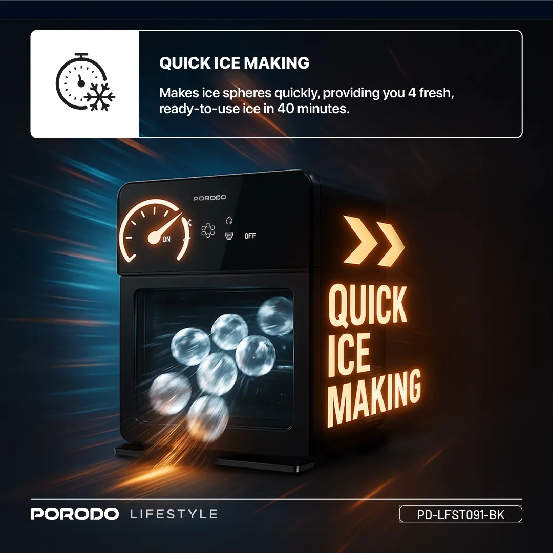 Porodo Lifestyle Sphere-Shaped 260W Dual Sphere Ice Maker 10L with LCD Touch Display - Black