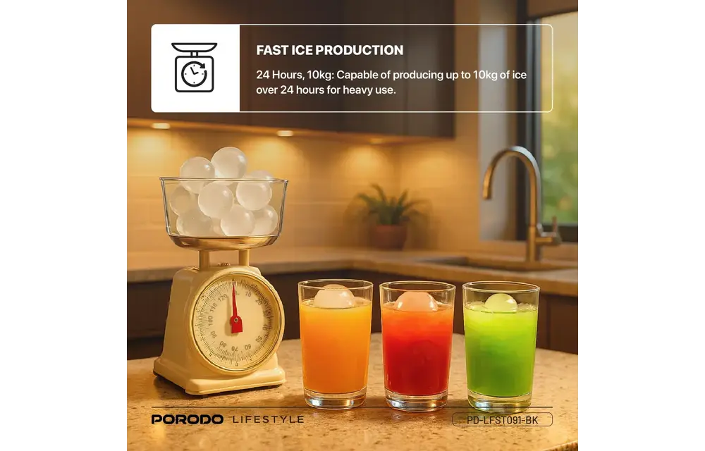 Porodo Lifestyle Sphere-Shaped 260W Dual Sphere Ice Maker 10L with LCD Touch Display - Black