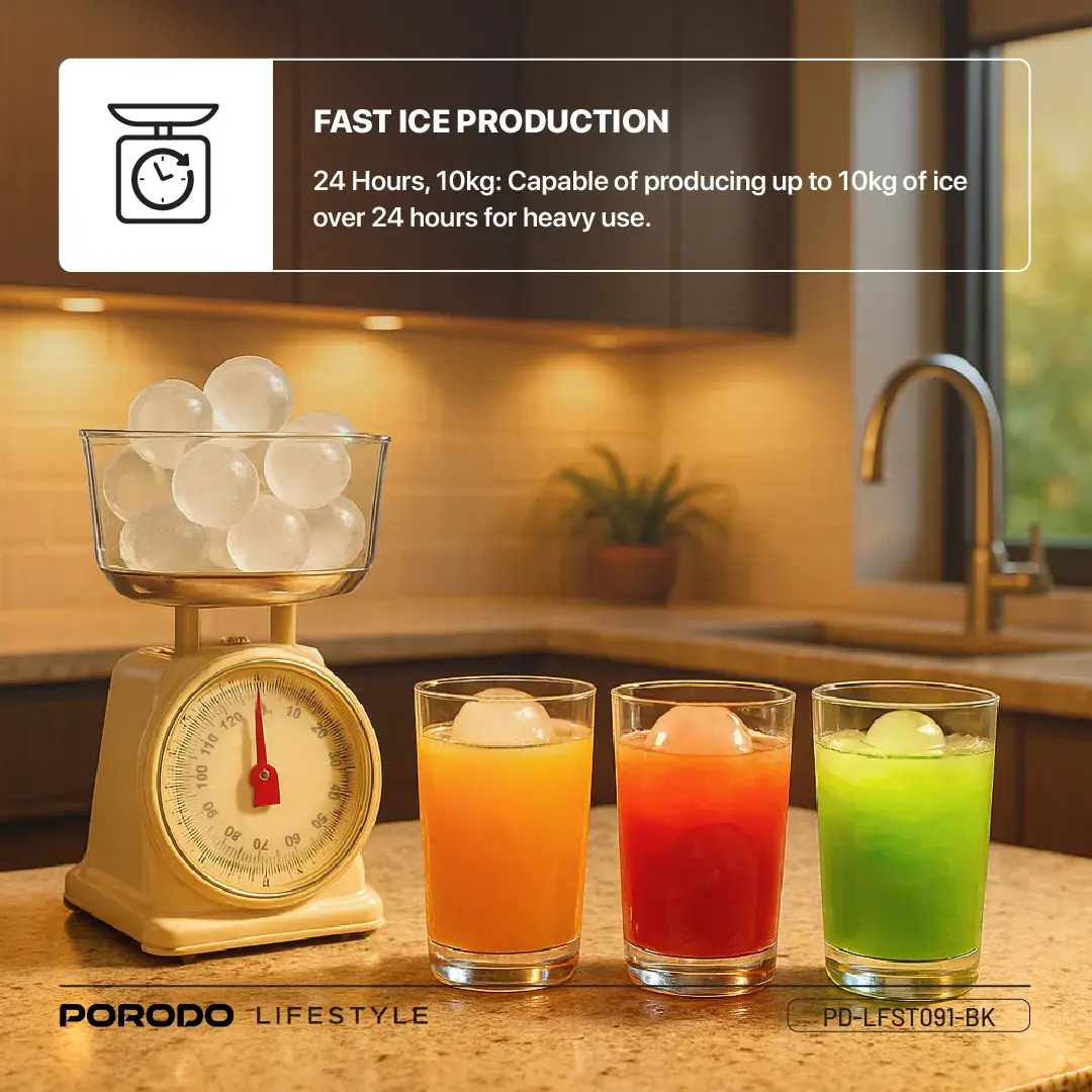 Porodo Lifestyle Sphere-Shaped 260W Dual Sphere Ice Maker 10L with LCD Touch Display - Black