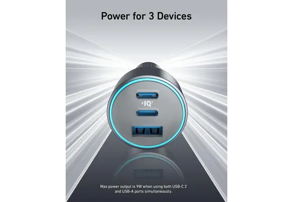 Anker 67W Powerful Triple-Port Car Charger With 3 Ports - Black