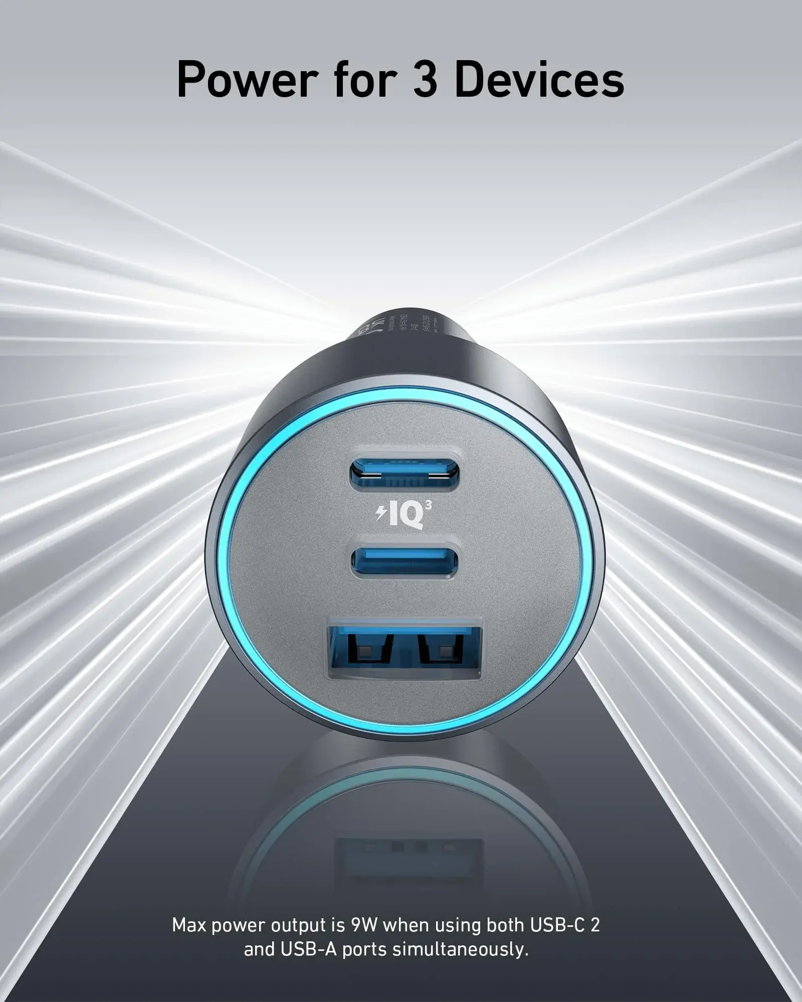 Anker 335 Powerful Triple-Output Car Charger 1x USB and 2x USB-C Ports 67W - Black