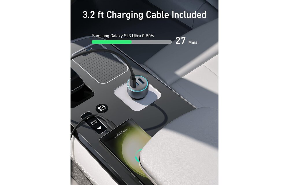 Anker 335 Powerful Triple-Output Car Charger 1x USB and 2x USB-C Ports 67W - Black