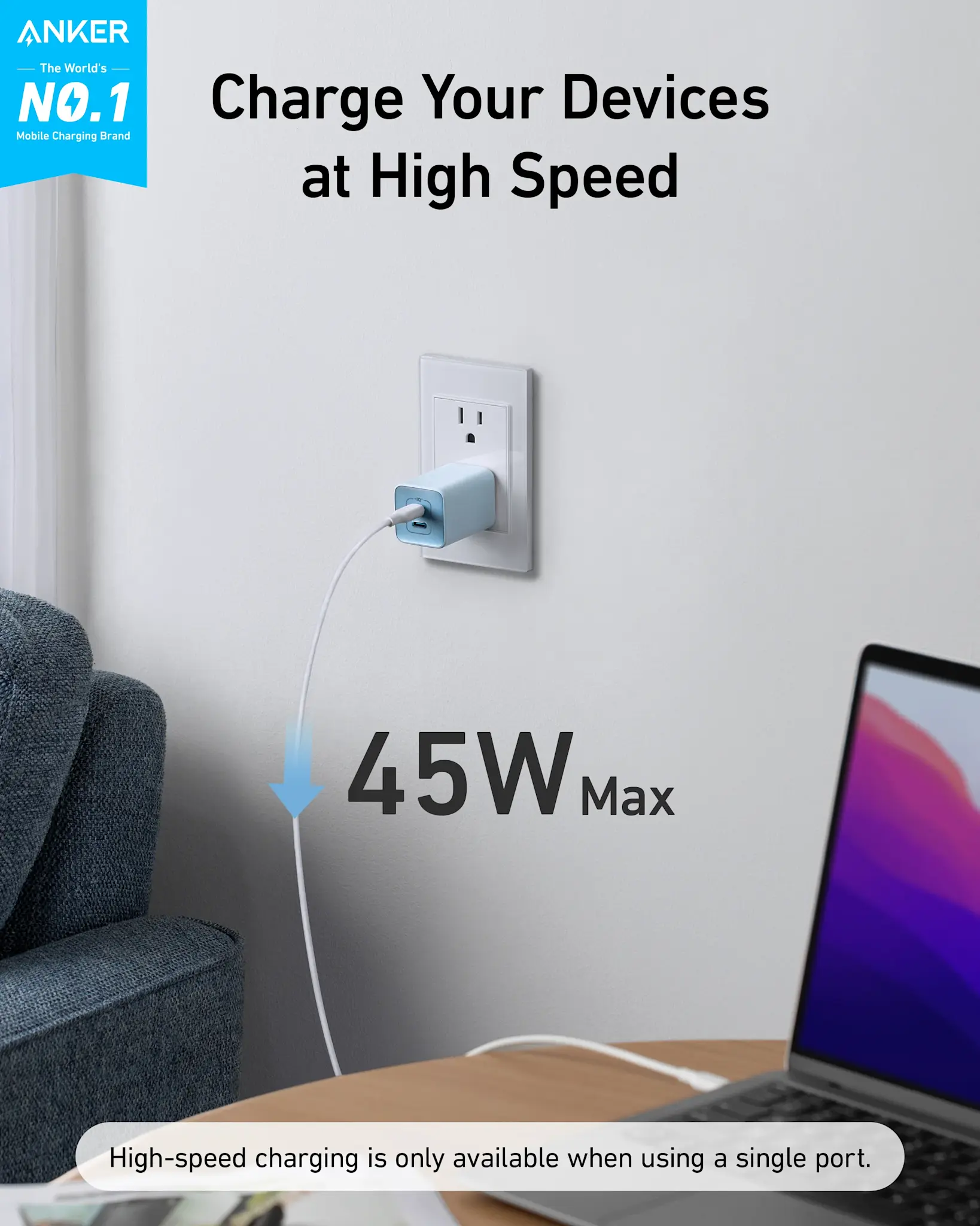 Anker 523 Compact 2 Device Charger Nano 3, 47W USB C - Black