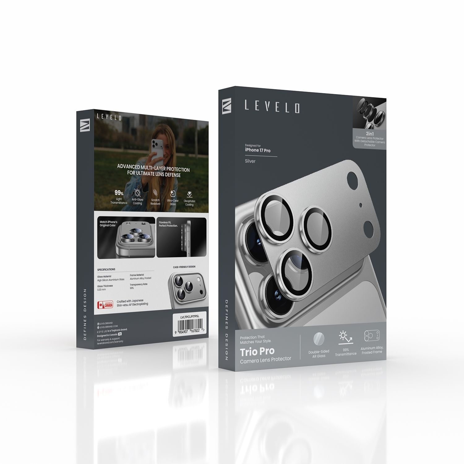 Levelo Trio Pro 2 in 1 Detachable Camera Lens Protector for iPhone 17 Pro - Silver