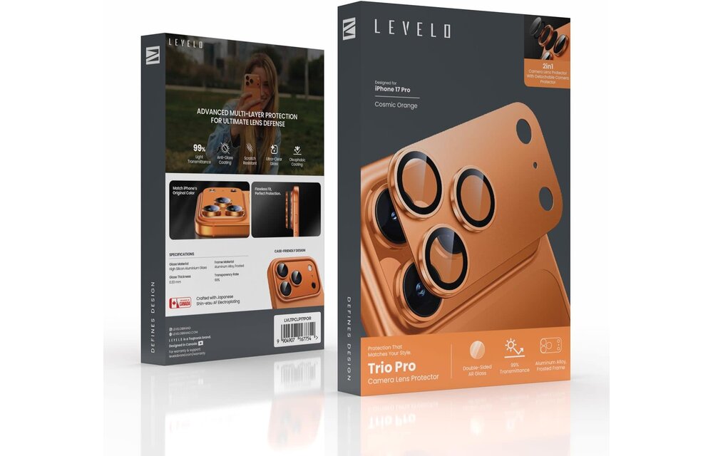 Levelo Trio Pro 2 in 1 Detachable Camera Lens Protector for iPhone 17 Pro Max - Orange