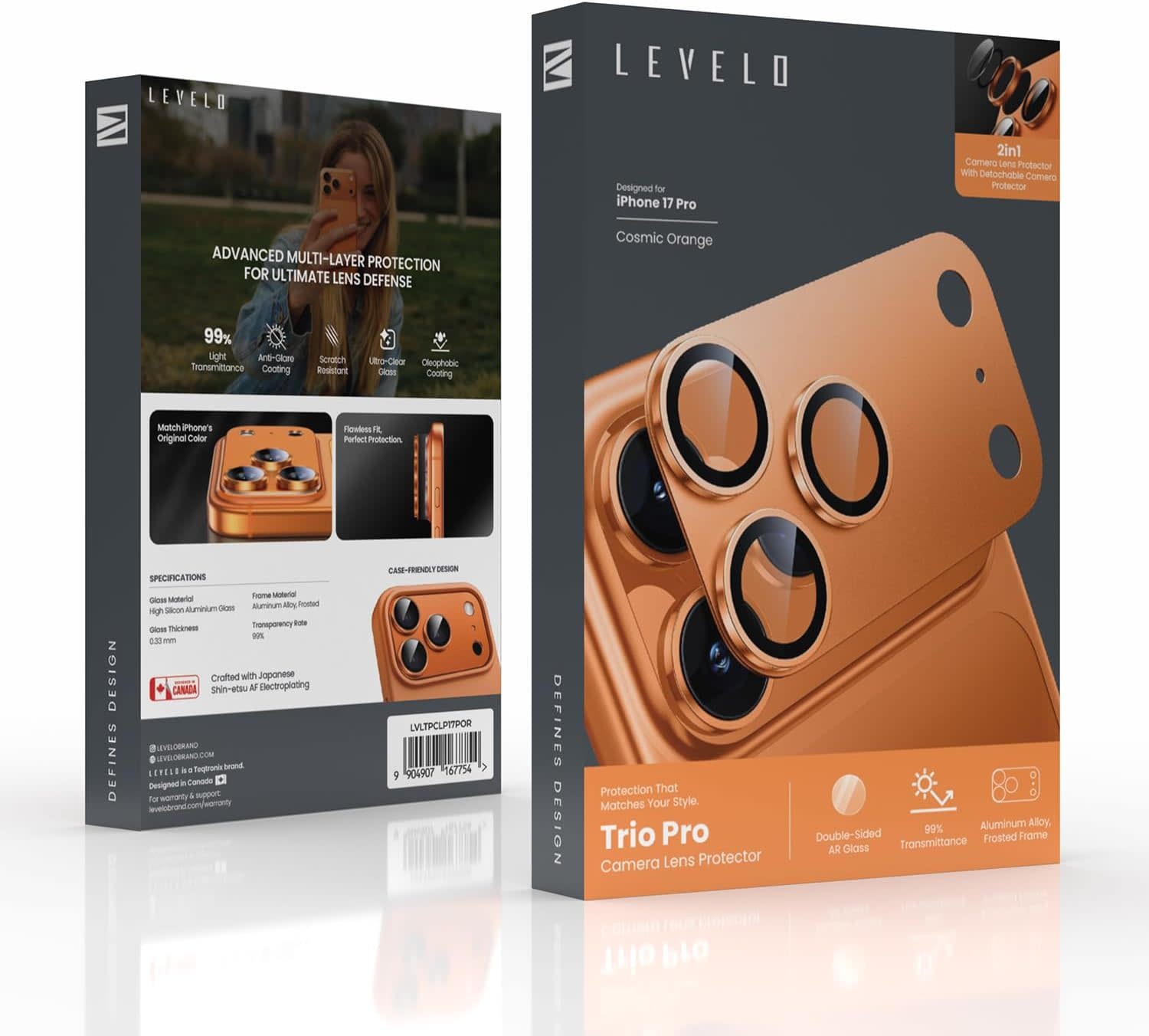 Levelo Trio Pro 2 in 1 Detachable Camera Lens Protector for iPhone 17 Pro - Orange