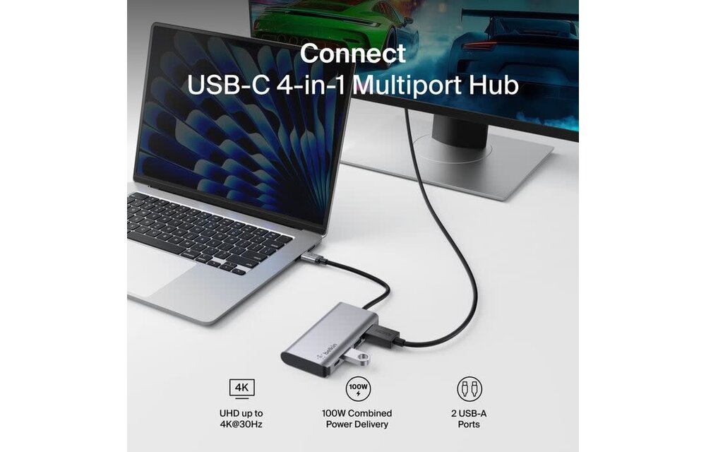 Belkin Connect USB-C 4 in 1 Multiport Adapter 4K HDMI 100W - Space Gray