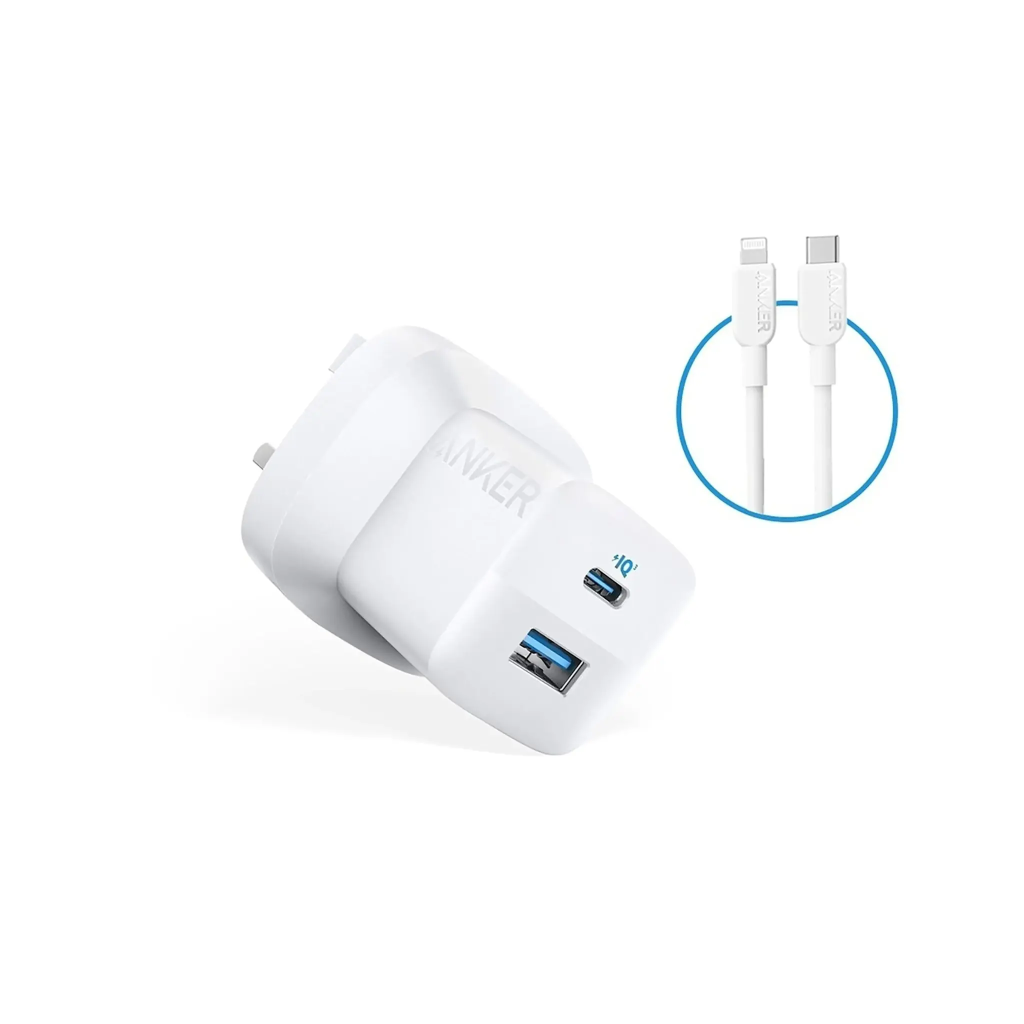 Anker Foldable Charger PD 20W with USB-C To Lightning Cable 3ft and USB-A PowerPort (33W) - White