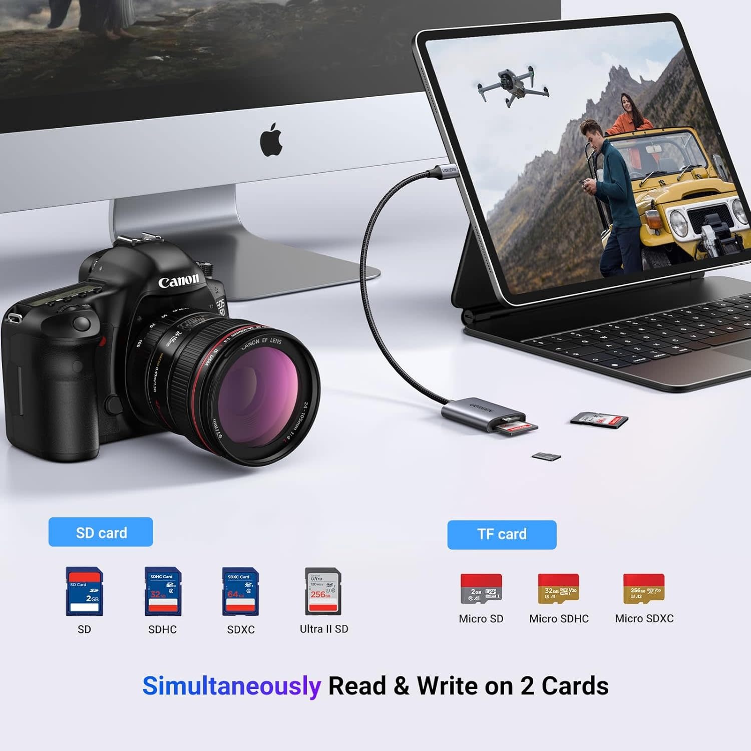 UGREEN 2 in 1 USB-C SD/TF Card Reader With Dual Card Reading - Gray