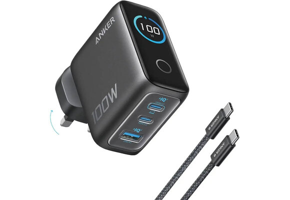 Anker Charger, 100W Max USB C Charger, 3-Port GaN and Ultra-Compact Smart Display and Touch Control - Space Black