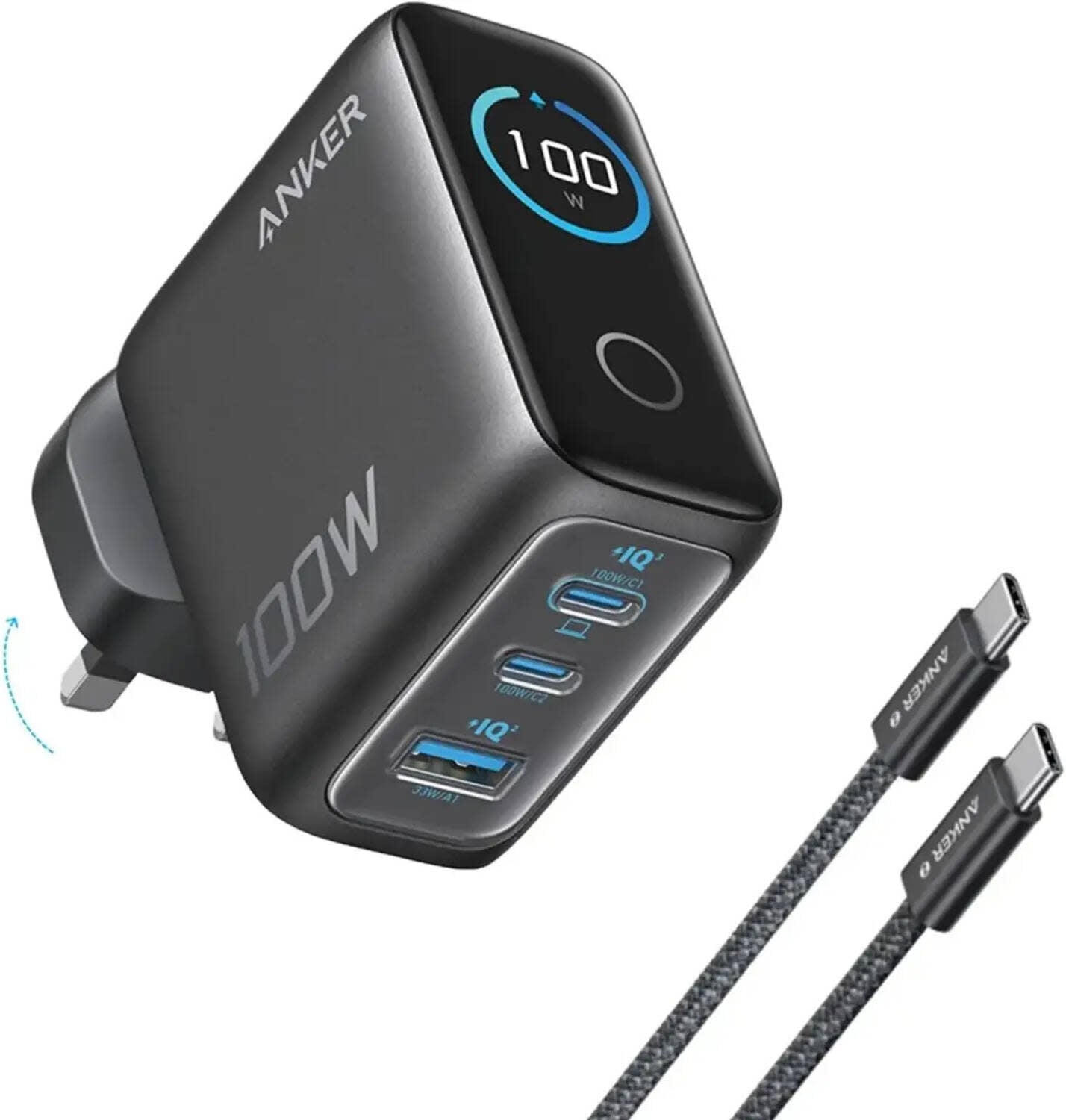 Anker Charger, 100W Max USB C Charger, 3-Port GaN and Ultra-Compact Smart Display and Touch Control - Silver