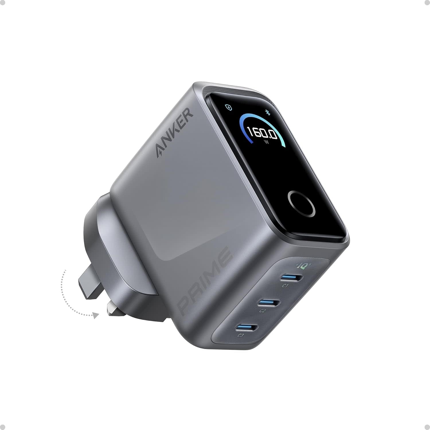 Anker Prime 160W USB C Charger 3-Port Compact Charger Smart Display and Touch Control Black