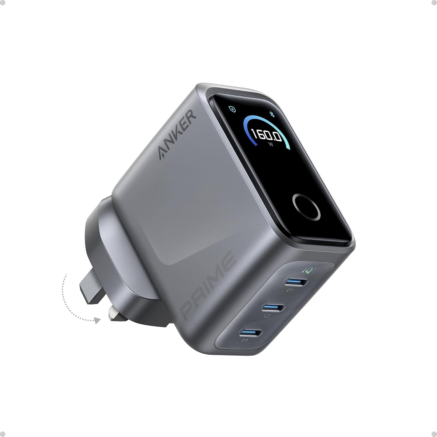 Anker Prime 160W USB C Charger 3-Port Compact Charger Smart Display and Touch Control Black