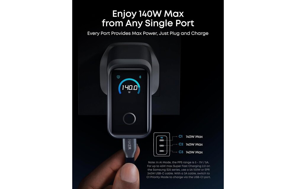 Anker Prime 160W USB C Charger 3-Port Compact Charger Smart Display and Touch Control Black