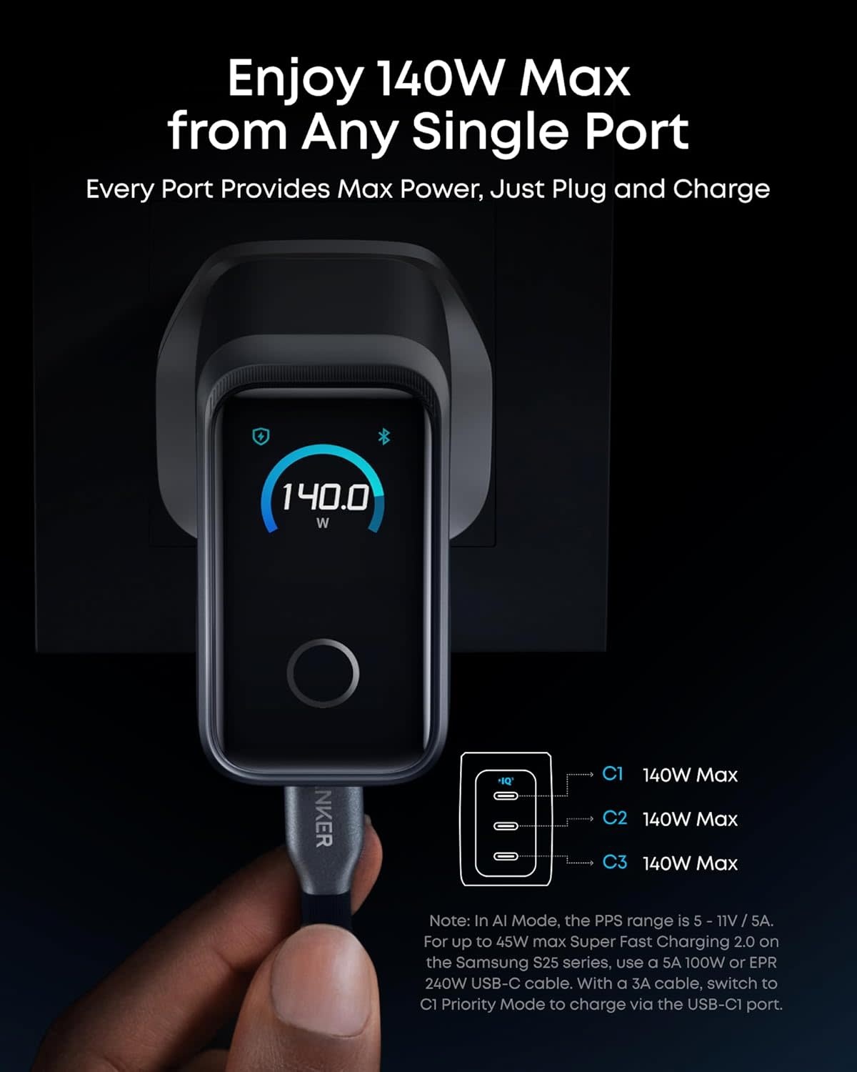 Anker Prime 160W USB C Charger 3-Port Compact Charger Smart Display and Touch Control Black